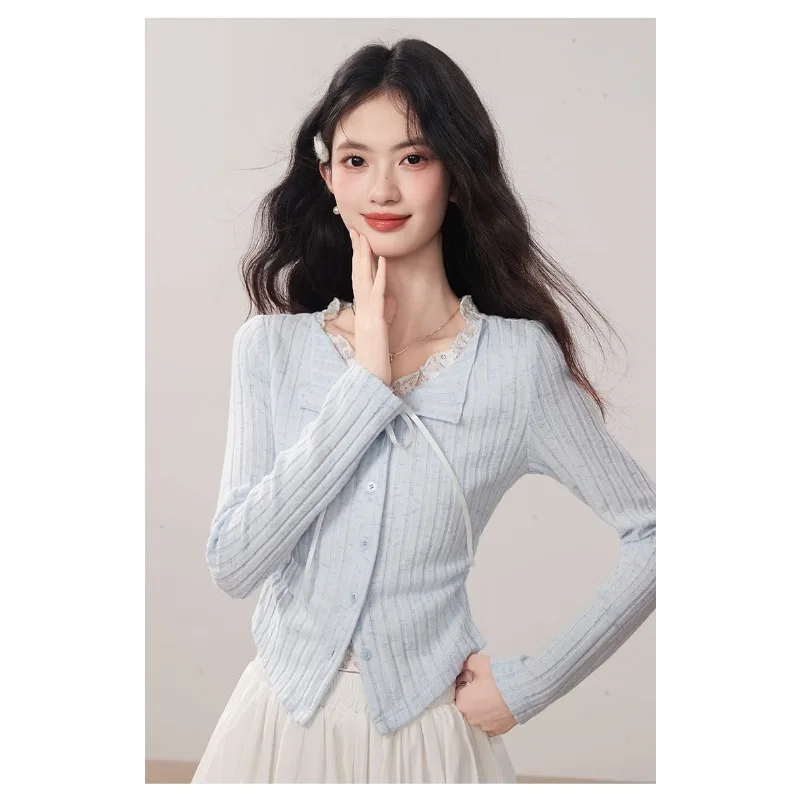 

Pure Lust Style Lace Fake Two-piece Long-sleeved T-shirt for Women Autumn Slim-fitting Bottoming Shirt Short Top