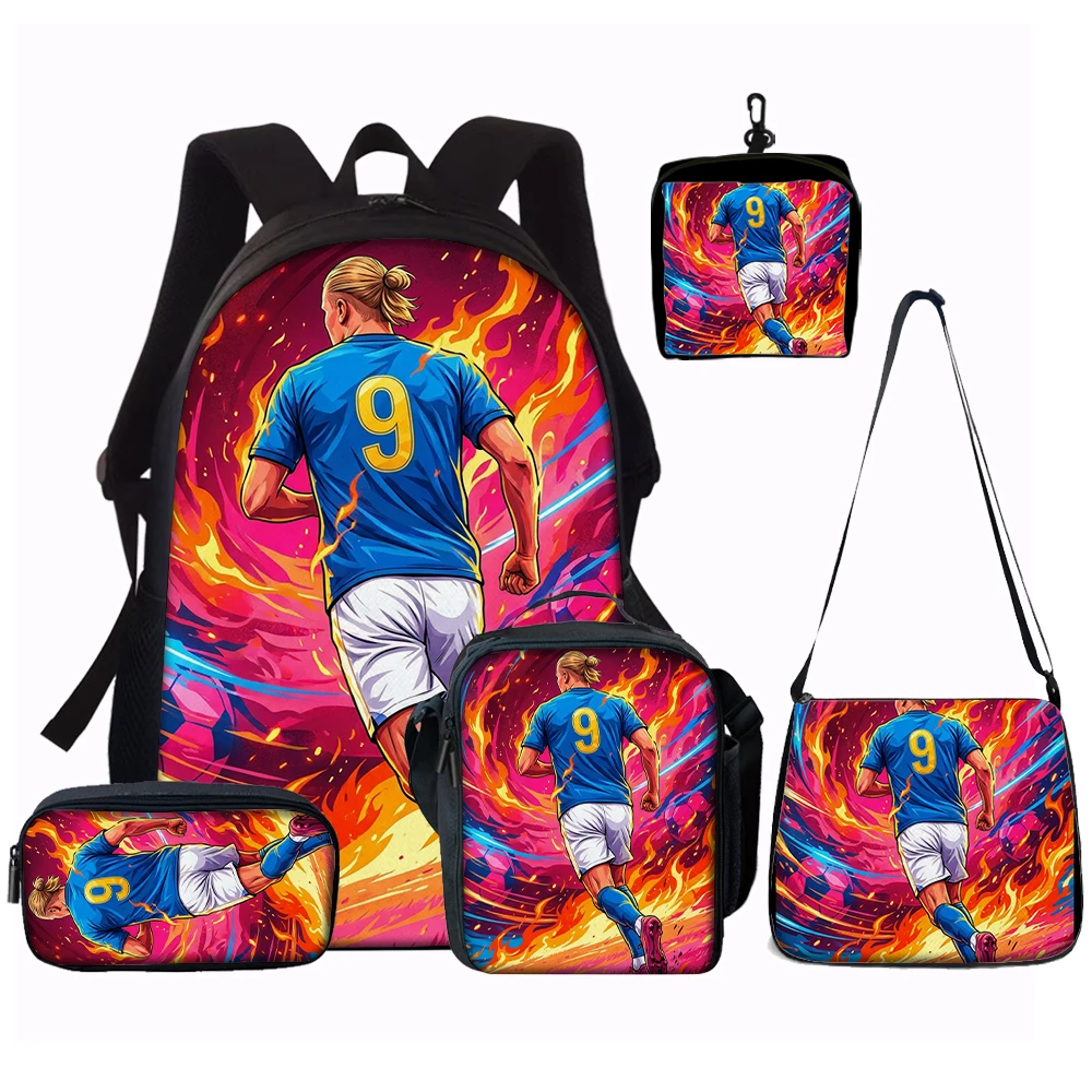 1/2/3/4/5-teiliges Fußballstar-Muster-Rucksack-Set – Lässiger Rucksack mit großem Fassungsvermögen und passender Clutch- und Tragetasche, perfekt für den Alltag
