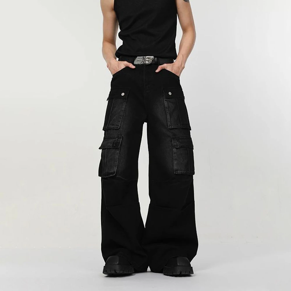 Men Jeans Cargo Workwear Multi-Pocket Casual Pants Streetwear Fashion Trend Versatile Youth Campus Wide-Leg Pants Men'S Clothing