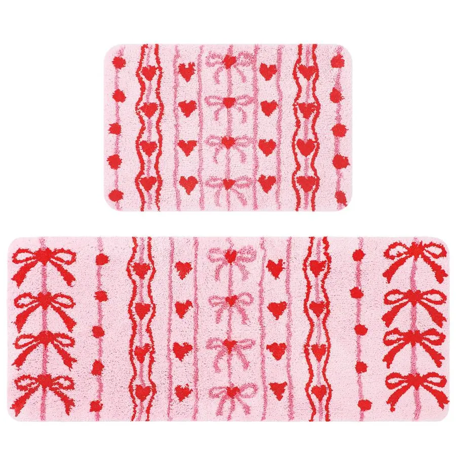 

Набор из 2 ковриков для ванной на День святого Валентина, 20 x 47 дюймов, мягкие плюшевые, розовые с красными сердечками и бантиками, нескользящая основа, моющиеся, с тафтингом, абсорбирующие влагу