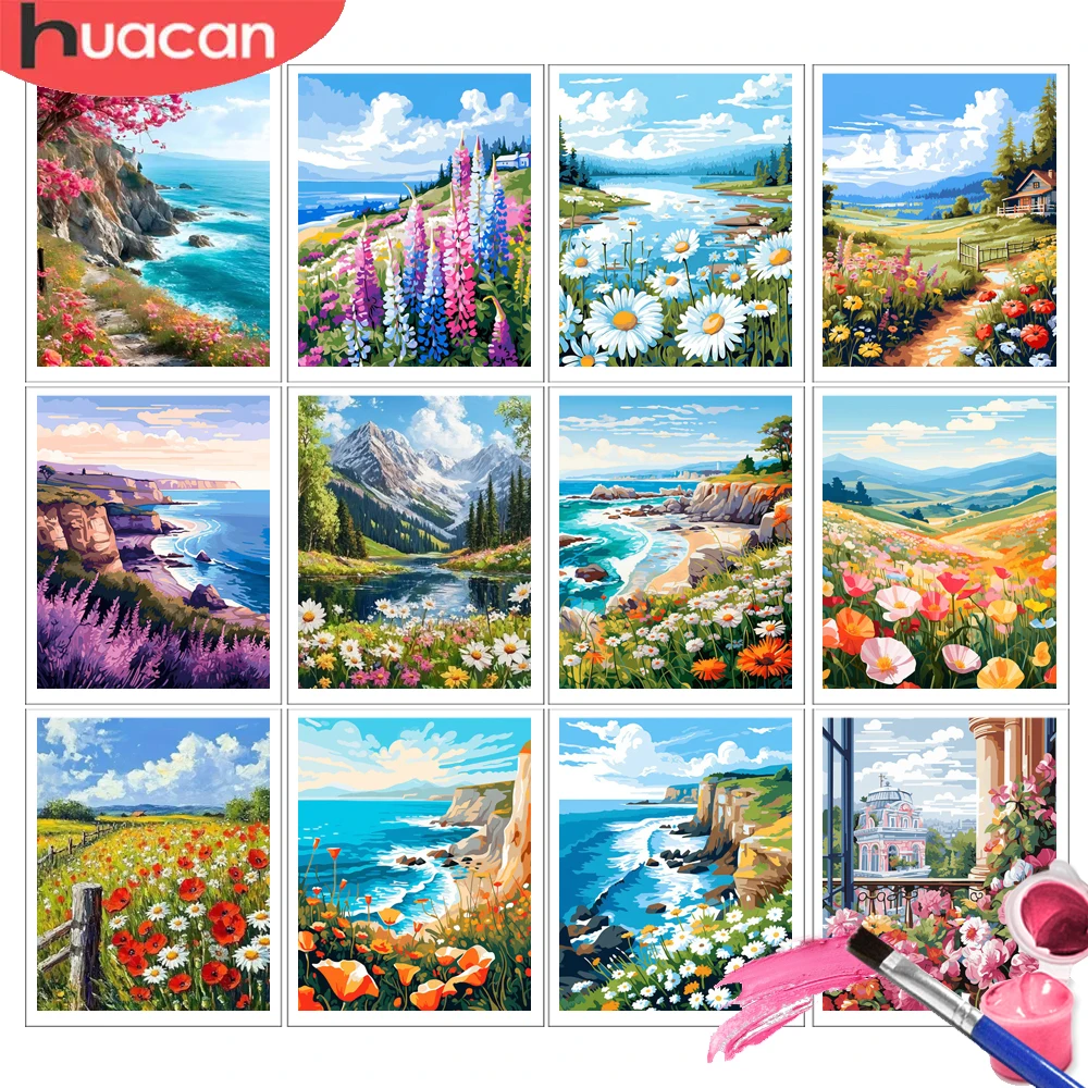 HUACAN Abstraktes Malen nach Zahlen, Meereslandschaft, Blume, Gänseblümchen, Ölgemälde auf Leinwand, handgefertigt, 5D, DIY, handgemalt