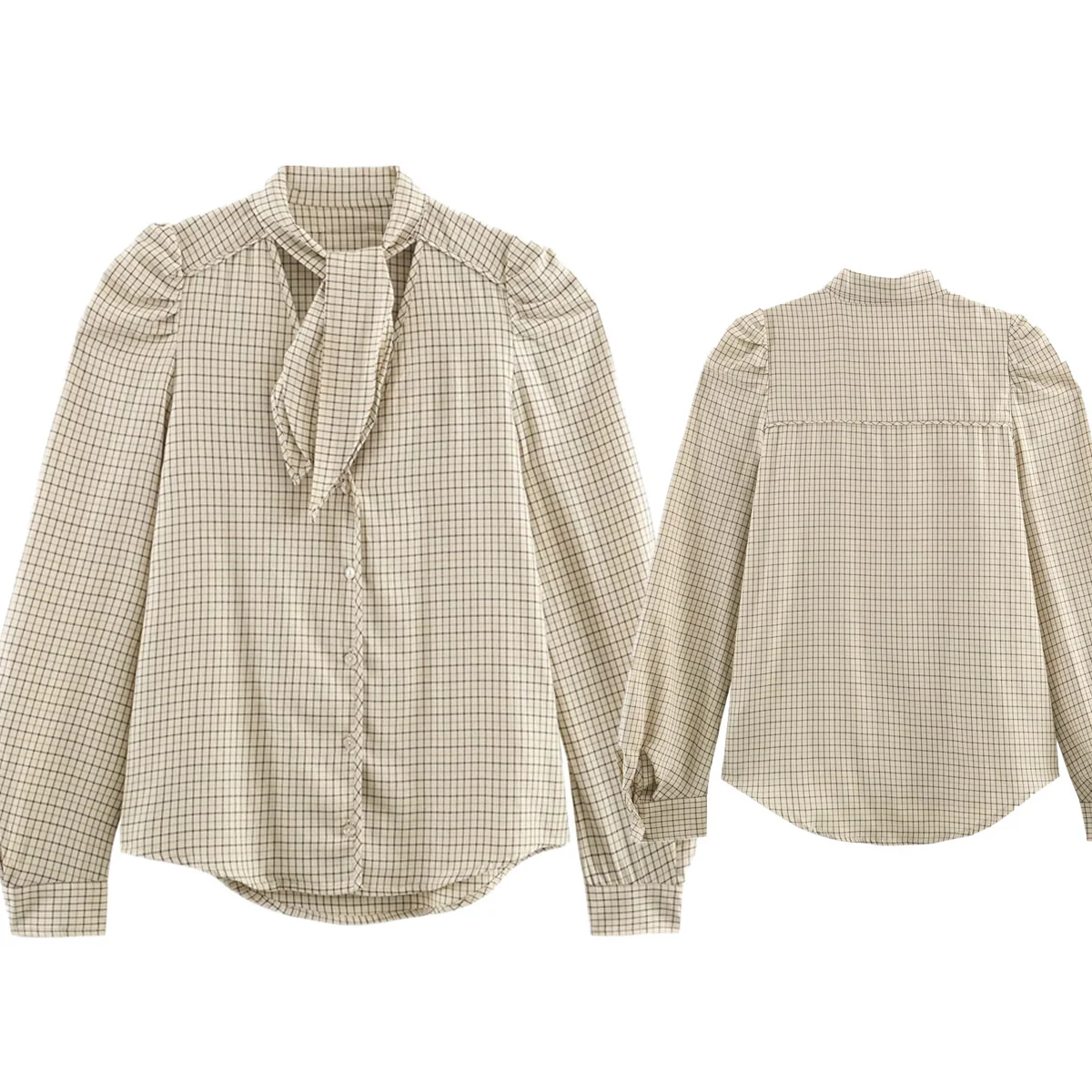 

Maxdutti French Vintage Checkered Puffed Sleeve Bow Tie Shirt 2026 Spring Autumn Blouses Women's Clothes Casual Tops