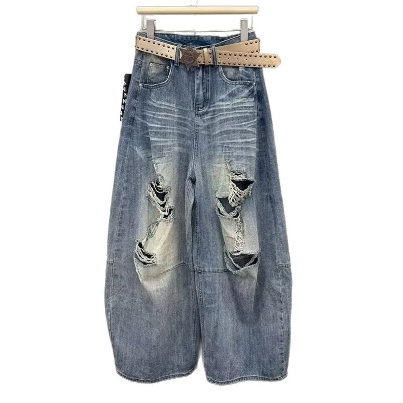 ANJY Spring Autumn New Women American Style Retro Ins Distressed Ripped Jeans High Street Loose Hole Wide Leg Denim Pants A26424