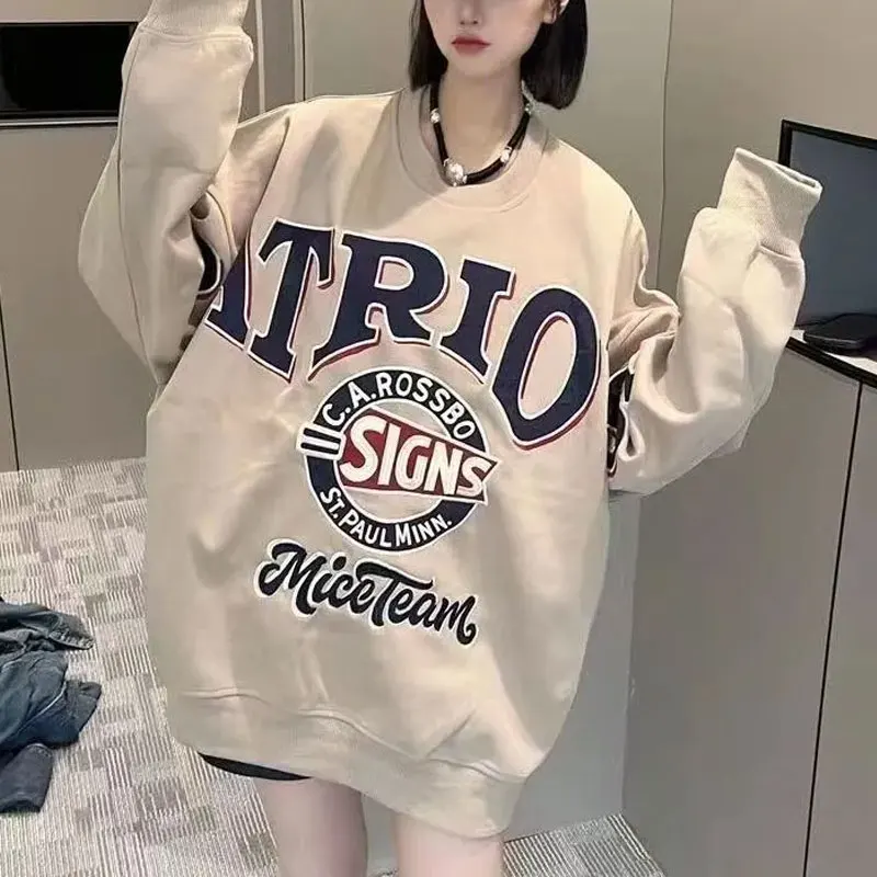 Amerikaanse retro letter bedrukte hoodies dameskleding ronde hals casual herfst winter fleece losse basic sweatshirts met lange mouwen