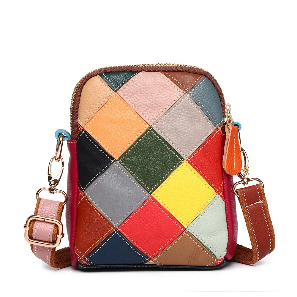 Annmouler Designer Women Crossbody Bag Patchwork Shoulder Bag Genuine Leather Phone Bag Smart Phone Pouch 2 Layer Phone Case