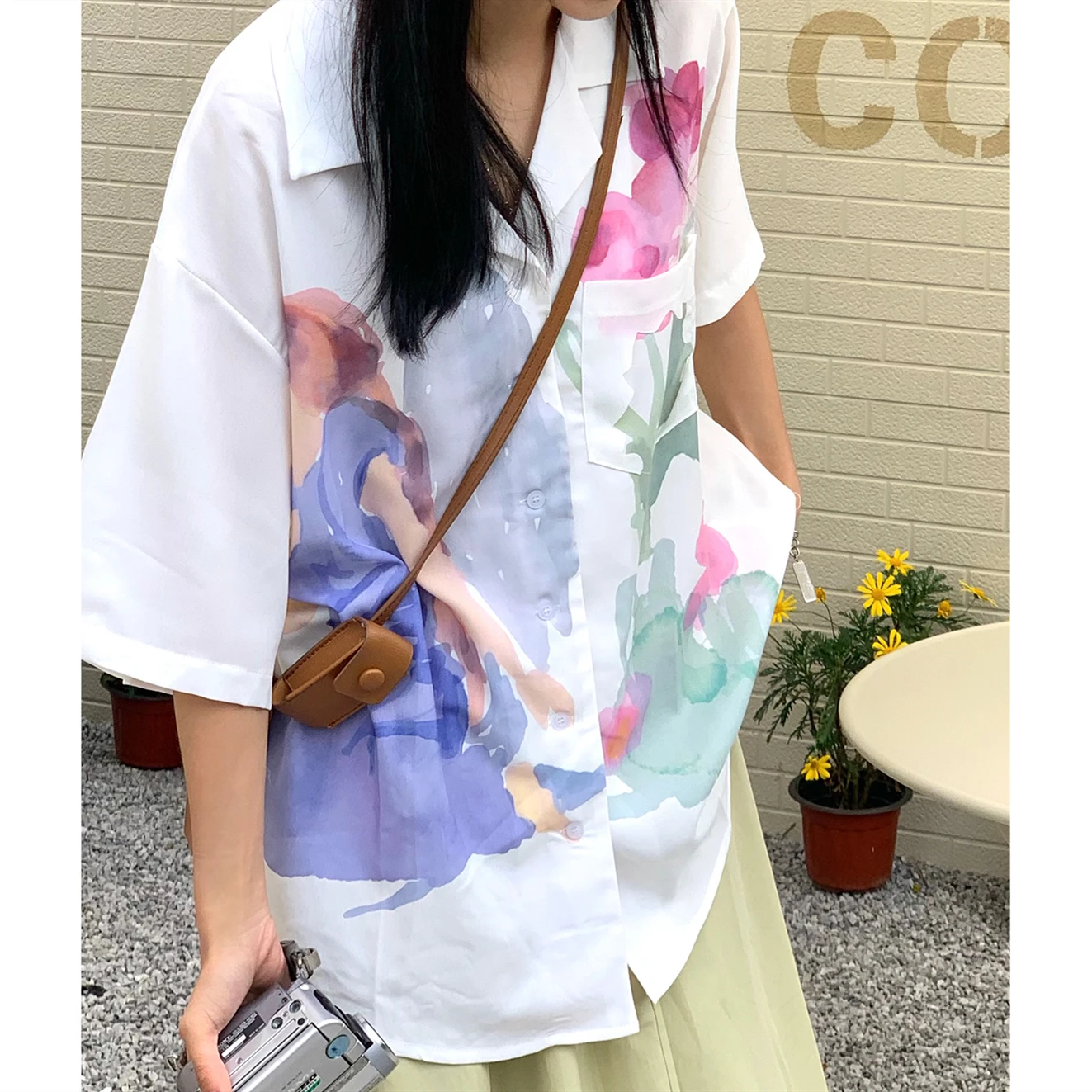 Ins Vintage Notched V-neck White Button Up Shirt Art Graffiti Oil Painting Flower Blouse Elegant Office Ladies Tops Loose Summer