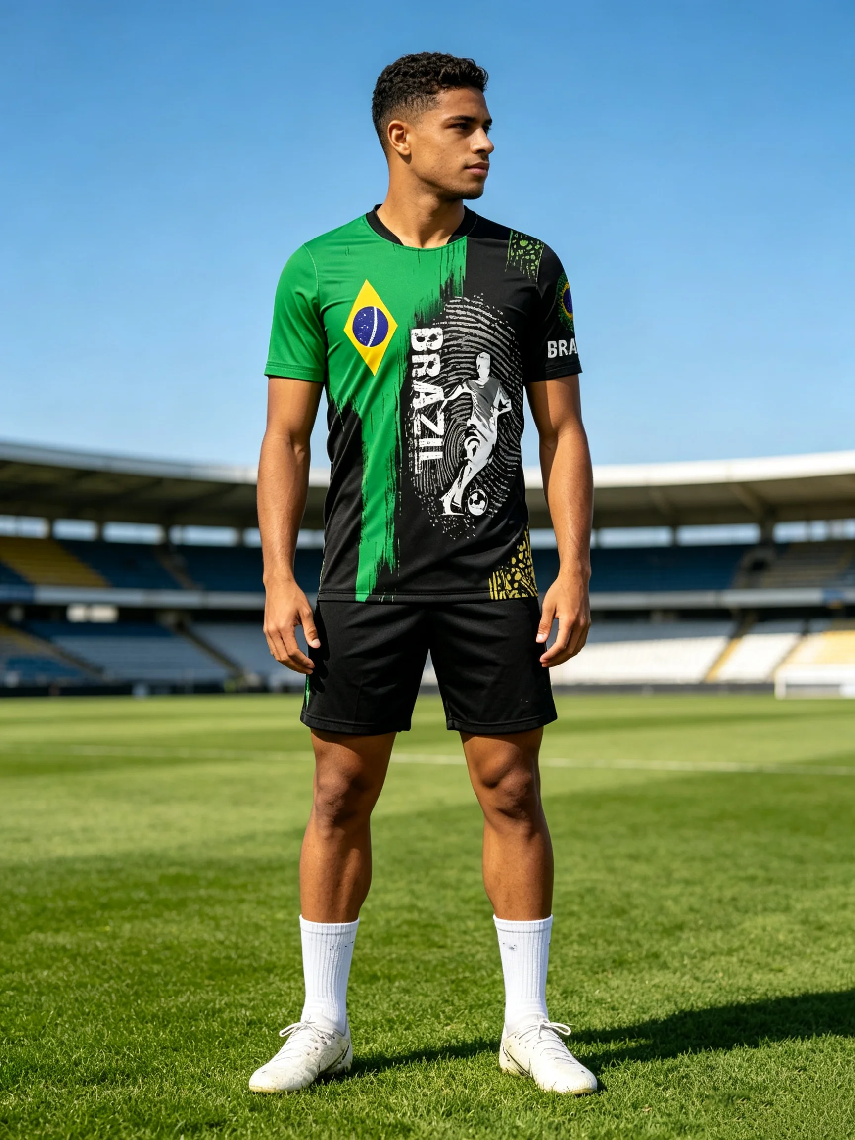Brazil men's soccer jersey, fingerprint‑player brush print, quick‑dry & breathable, lightweight, multiple collar styles