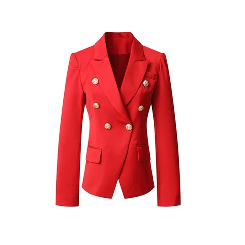 Women Red Double‑Breasted Blazer Jacket Gold Metal Buttons Lapel Slim Fit Suit Coat Spring Autumn Office Business Party Outerwea