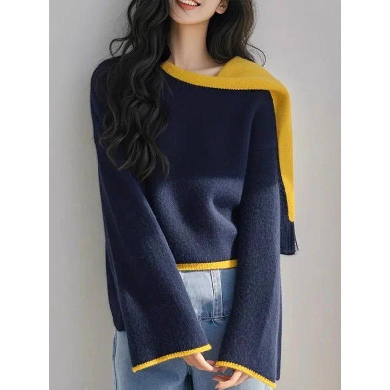 Pull Design de Style paresseux pour femmes, haut à la mode, nouveau col écharpe, pull intérieur tendance, printemps et automne