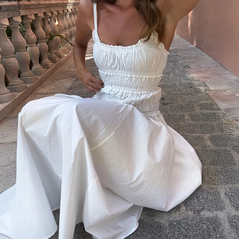 Tornova Effen Spaghetti Jurk Voor Vrouwen Ruches Mouwloze Lange Jurk Zomervakantie Kleding Casual Mode Vrouwelijke Jurk