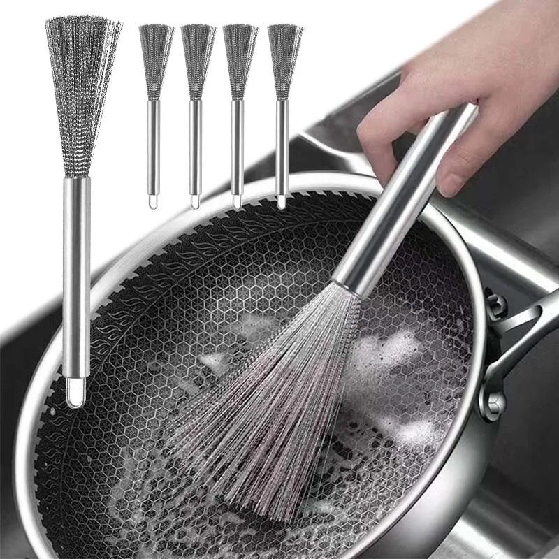 2PCS Stainless Steel Cleaning Brush Long Handle Utensil Scrubber Anti-Rust Kitchen Special Brush Pot Tool For Household Cleaning