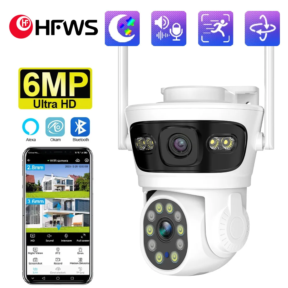كاميرا HFWVISION 6MP PTZ واي فاي 360 ° كاميرا IP مزدوجة العدسة، كاميرا مراقبة للمنزل الذكي في الهواء الطلق 4X Zoom IP65 HD CCTV
