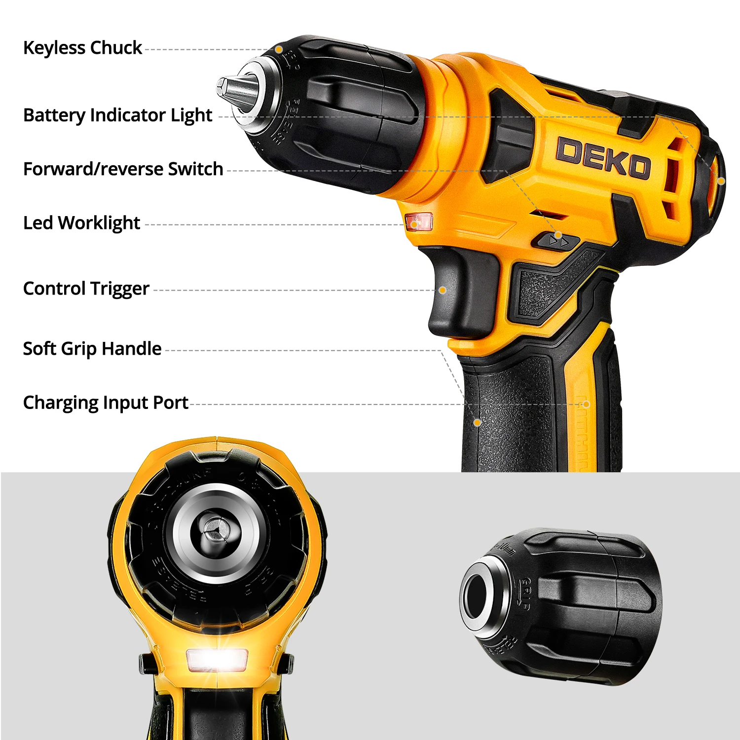 DEKO DKMT126 Power Tool Combo Kits with 8V Cordless Drill,Home Household DIY Hand Tool Kits，10MM 3/8\'\' Keyless Chuck