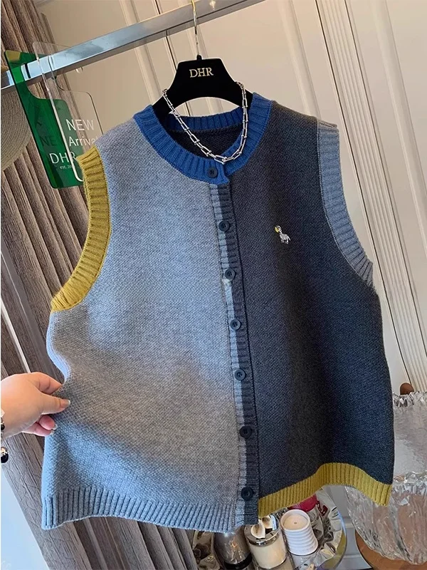 

Вязаный жилет большого размера: теплый, свободный кардиган на осень-зиму, с цветными блоками, в корейском стиле, повседневный, модный