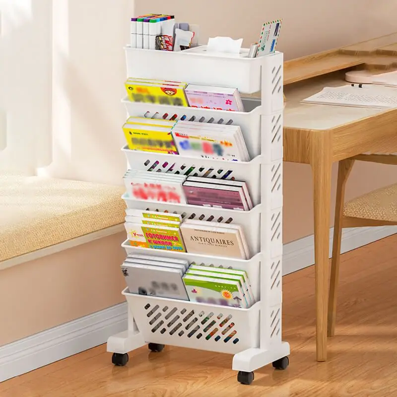Simple Movable Book Shelf on Wheels 5/6 Layers Bookshelf Movable Floor Small Cart Book Storage Shelf Pen Holder Office Supplies image 2
