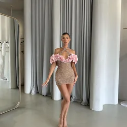 2025 Glitter Pink Flower Arabic Short Prom Dresses Halter Beaded Rhinestones Mini Cocktail Gowns Dubai Sexy Birthday Party Dress