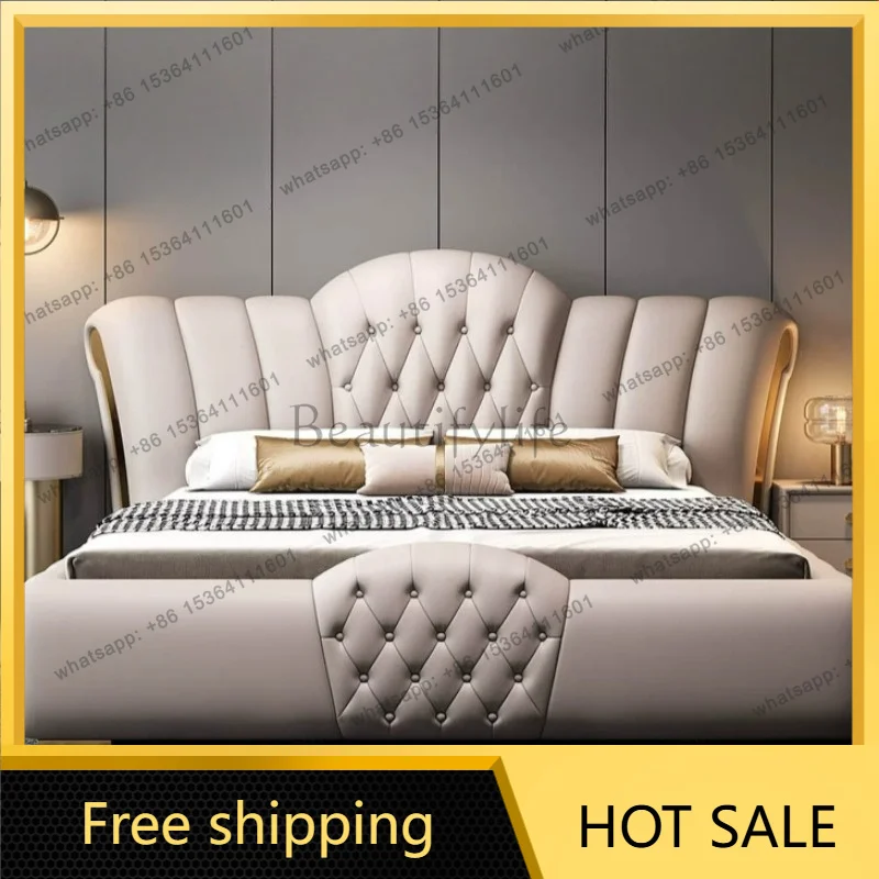 LSItalian leather master bedroom double bed modern simple high-end light luxury soft upholstered wedding home bedroom decor