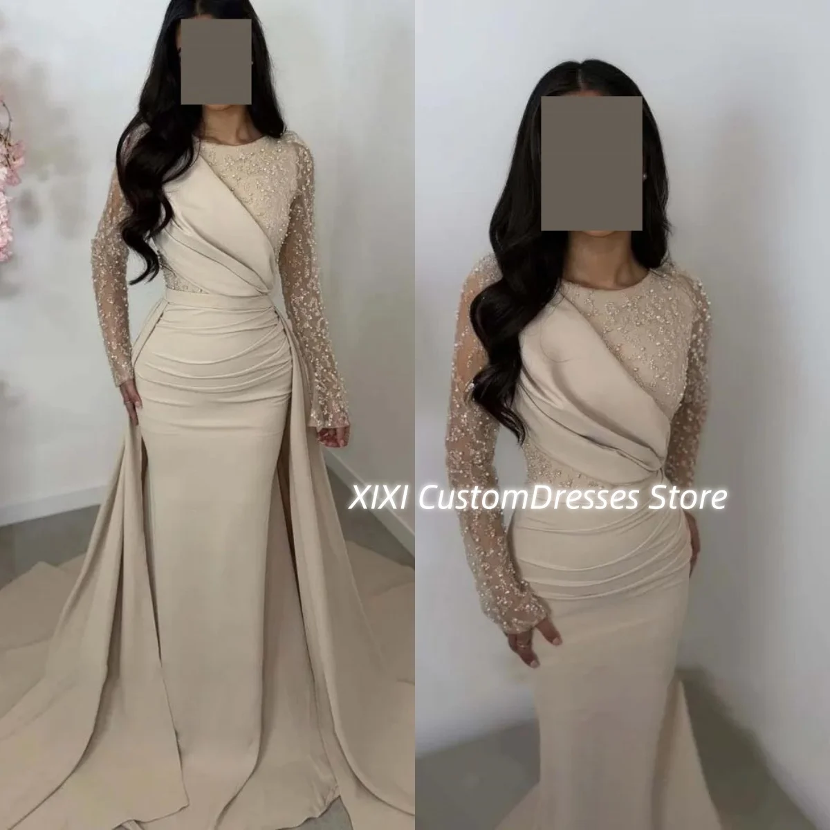 

Prom Dresses A-Line Split Scoop Neckline Customize Floor-Length Ruffle Elegant And Pretty Women'S Dresses Zipper Up Long Sleeves
