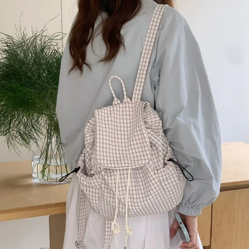Solid Color Drawstring Backpacks Canvas Light Weight Plaid Nylon Backpacks Korean Large Capacity Student Schoolbag Teenagers