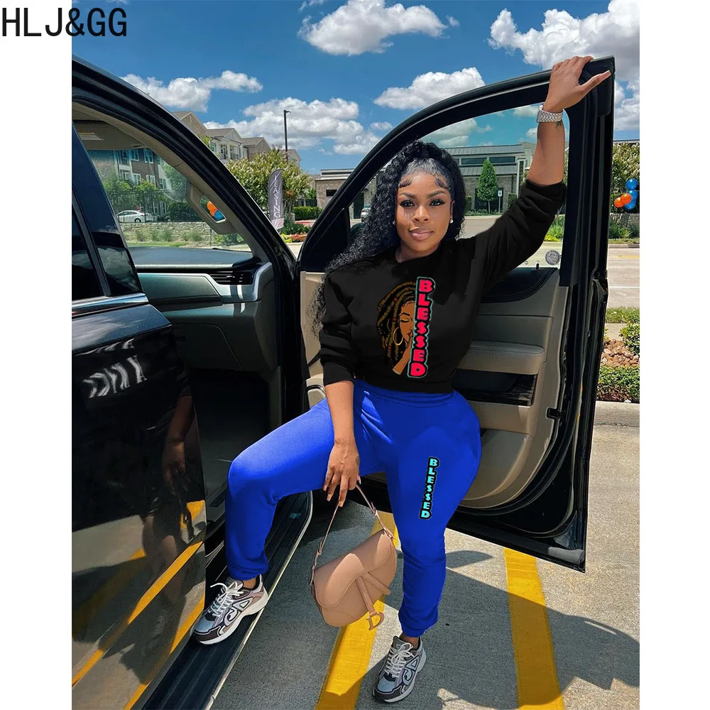 HLJ&GG Autumn Winter Letter Printing Tracksuits Women Round Neck Long Sleeve Pullover + Jogger Pants Two Piece Sets Outfits 2023