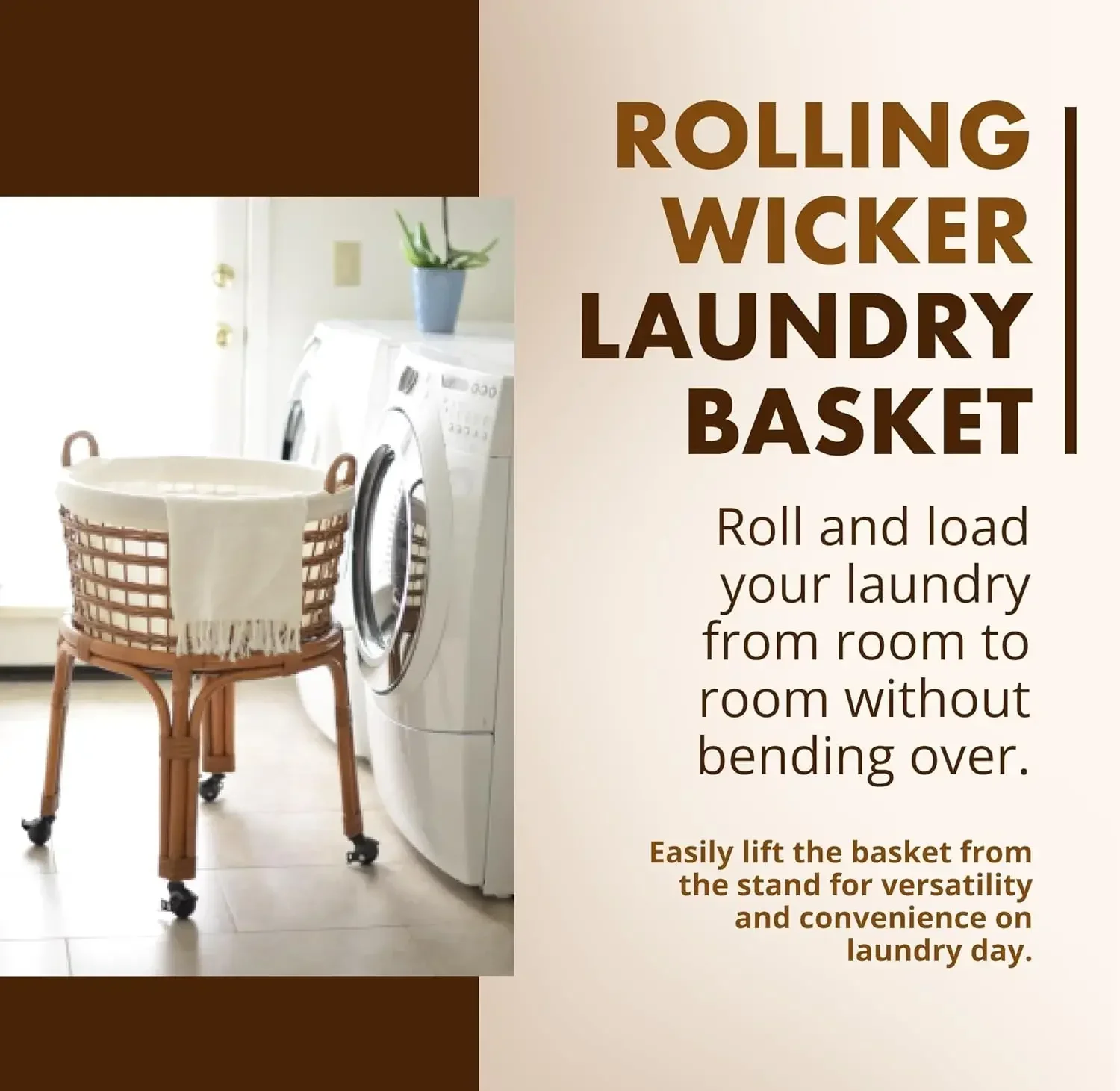 Rolling Wicker Laundry Basket, Handwoven Wicker Hamper with Removable Cotton Liner, Stand, & Locking Caster Wheels, Honey Brown