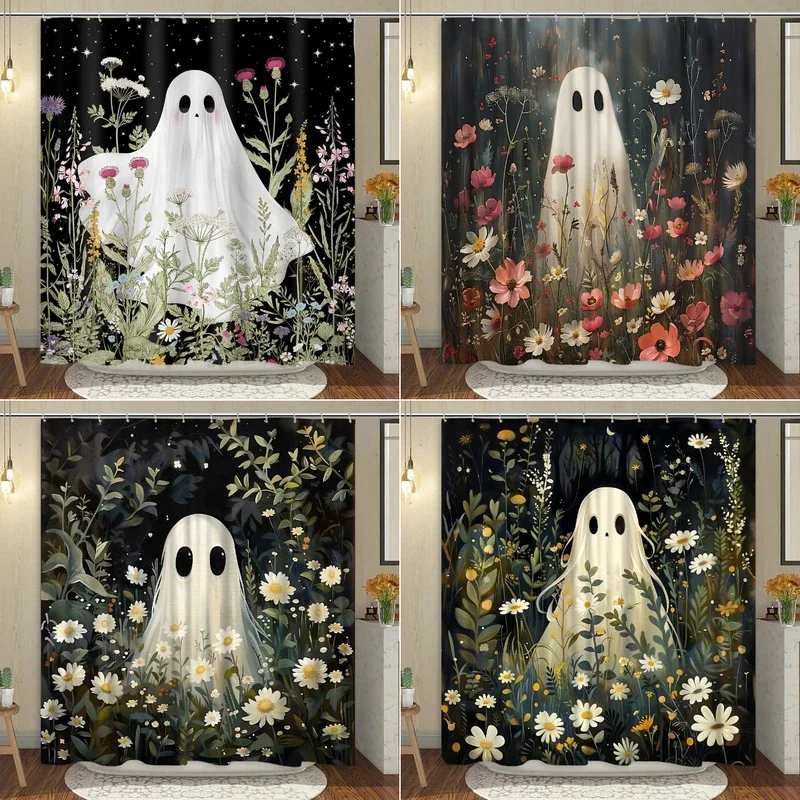 Cute Ghost Shower Curtain Cartoon Spooky Flower Plant Candle Watercolour Modern Home Polyester Fabric Bathroom Decor Curtain Set