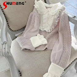 Japanese Mine Sweet Girl Knitted Shirt Lolita 2024 Cute Long Puff Sleeve Stitching Sweater Tops for Women Fashion Elegant Blouse