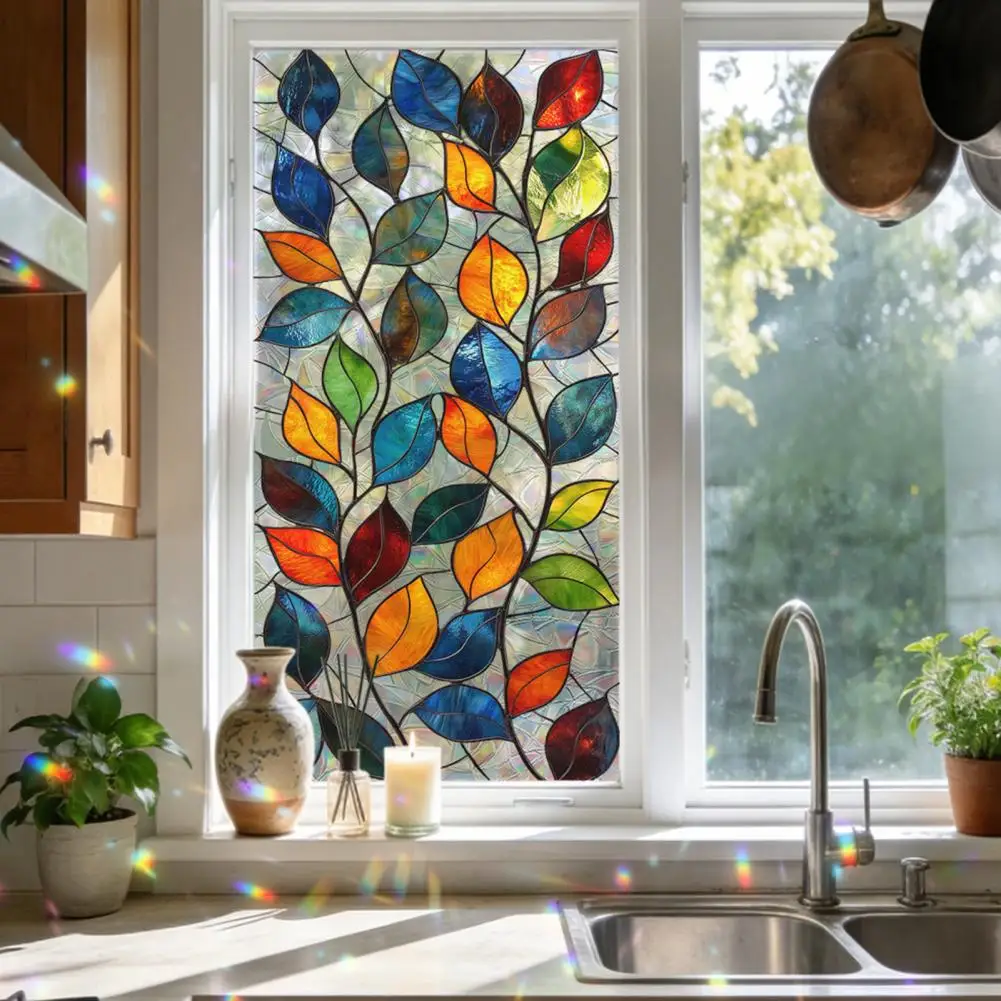 Fenster-Sichtschutzfolie, Buntglas, florale, dekorative Fensteraufkleber, bunte, UV-blockierende, statische Glasaufkleber für Schlafzimmer, Wohnzimmer