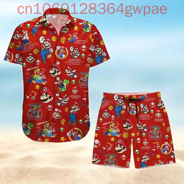 Super Mario Hawaiian Shirt Shorts Set Summer Men's Women's Casual Vacation Short Sleeve Beach Shirt and Shorts Two-Piece Set