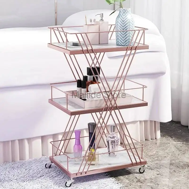 

Luxury Salon Trolleys Light Iron Golden Art Rack Modern Salon Furniture Beauty Salon Trolley with Wheels Home Multi-layer Rack