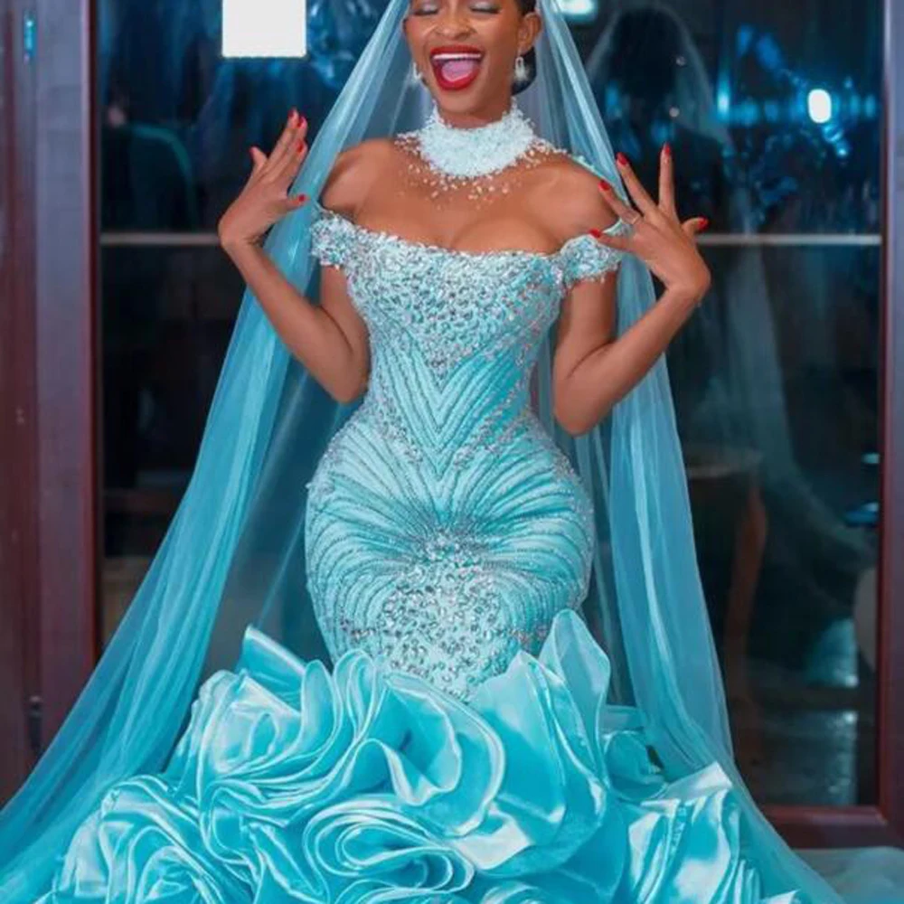 Glitter Crystal Evening Dresses Mermaid Aqua Blue Prom Dress Ruffled Custom Made Long Prom Gowns Organza Off SHoulder Layered