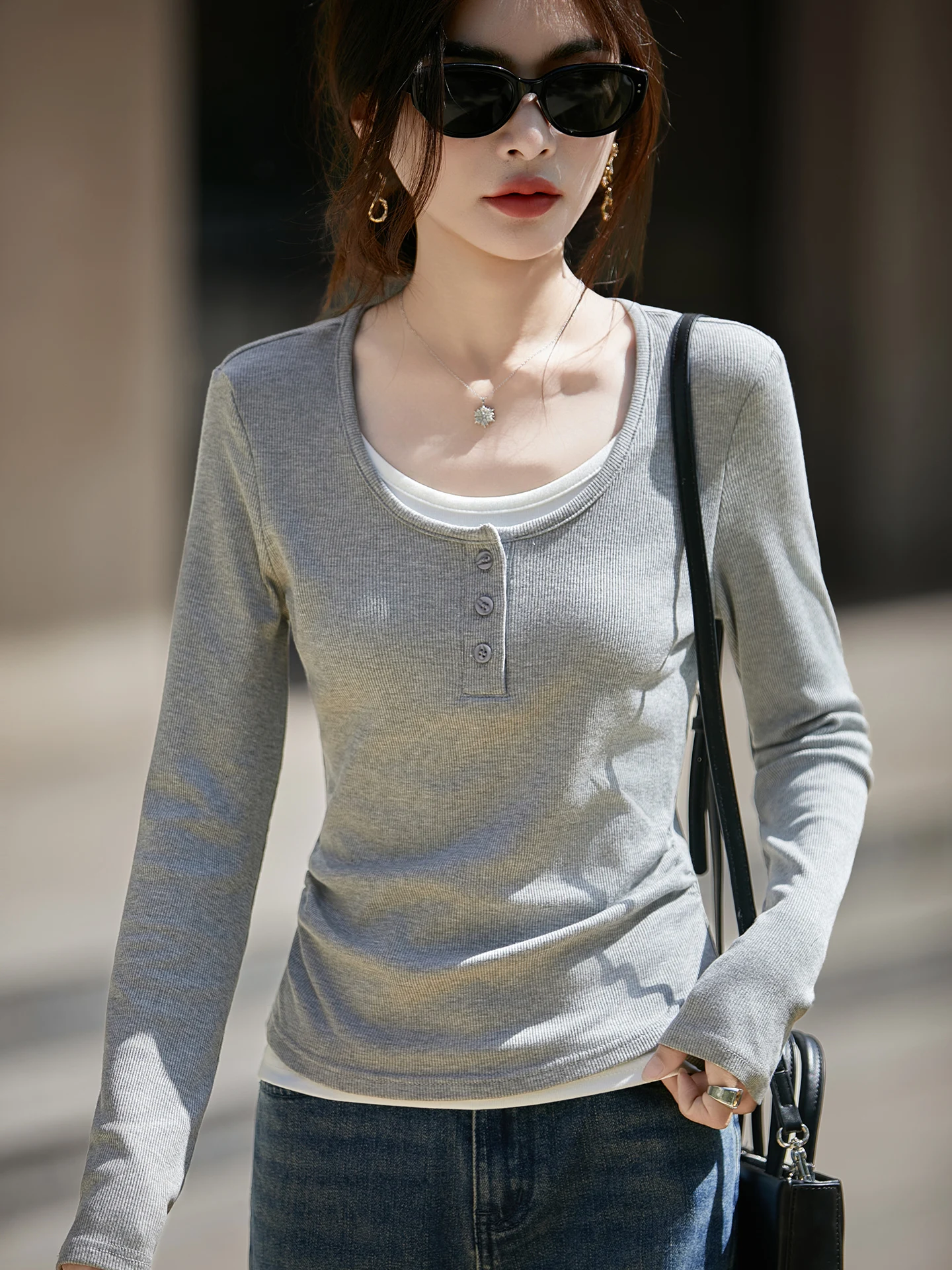 Dopasowana koszulka z długim rękawem, okrągły dekolt, codzienna, elegancka damska bluzka, modna bielizna, bazowa koszulka, modelująca talię.