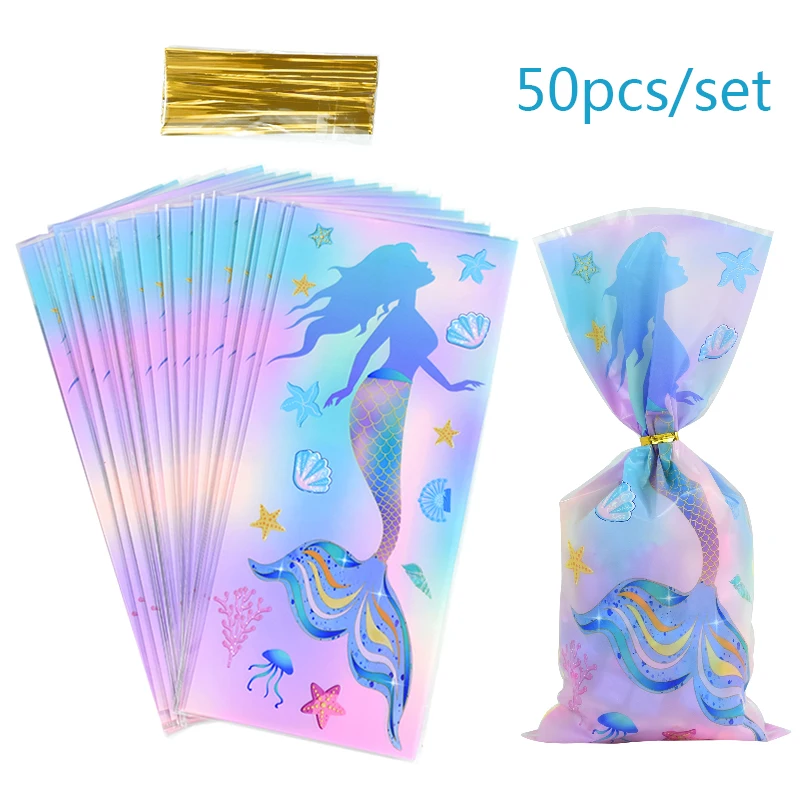 

50Pcs Mermaid Party Gift Bags Mermaid Tail Candy Bag Biscuit Packing Bag For Guest Girl Birthday Supplies Baby Shower Decoration