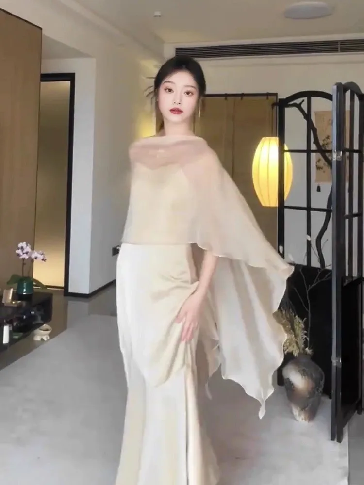 New Chinese Style Women's Summer Ice Silk Chiffon Sun Protection Clothing with Strap Vest Top And Skirt Outer Shawl Cover up