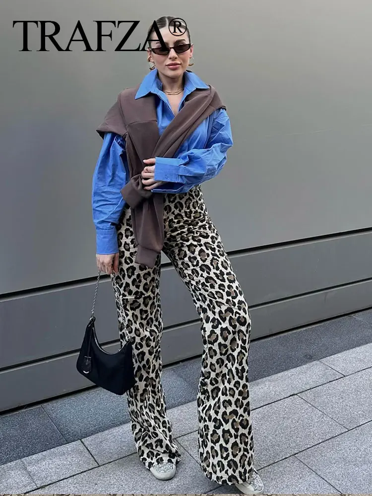 TRAFZA Leopard Print Wide Leg Pants For Women 2024 Summer High Waist Slim Straight Long Trousers Streetwear Fashion Bottoms