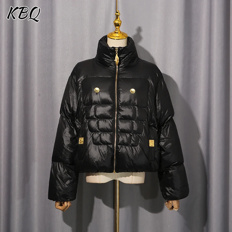 

KBQ Solid Spliced Metal Buckle Jackets for Women Stand Collar Long Sleeve Patchwork Zipper Loose Warm Coat Female Autumn Style
