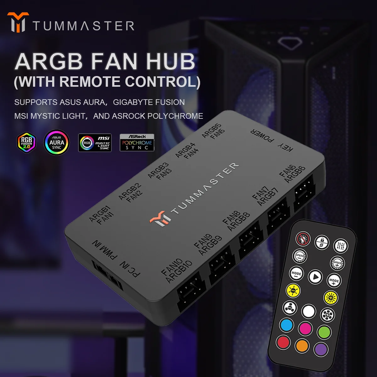 

Контроллер вентилятора TUMMASTER 5V-3Pin PWM, 10-портовый 4-контактный концентратор вентилятора ARGB для корпуса ПК, аксессуары с магнитными и подсветкой дистанционного управления