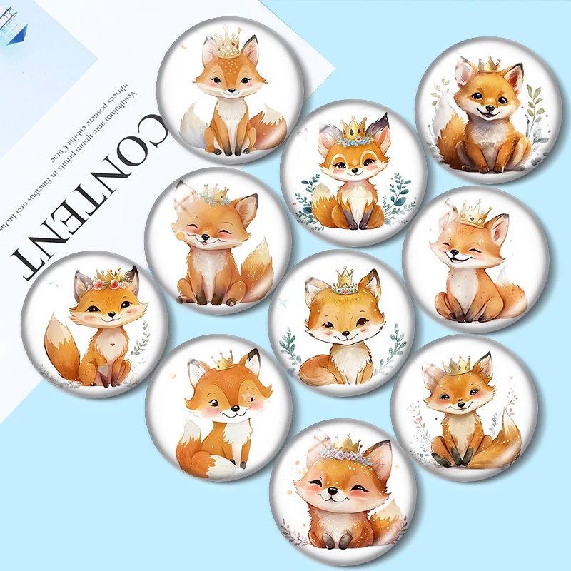 

Crown Fox Watercolor Painting 10pcs mix18mm/20mm/25mm Round photo glass cabochon demo flat back Making findings