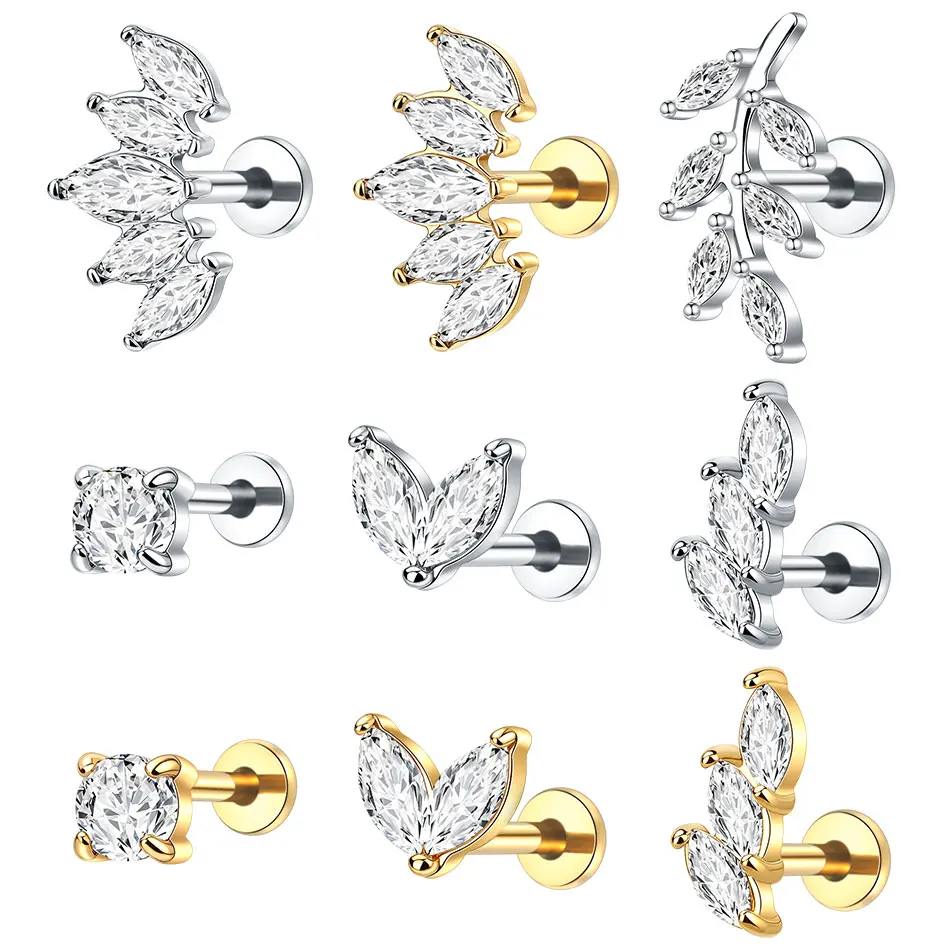 1Pc Stainless Steel Marquise CZ Helix Stud Earring for Women Internally Threaded Leaf Zircon Labret Tragus Body Piercing Jewelry