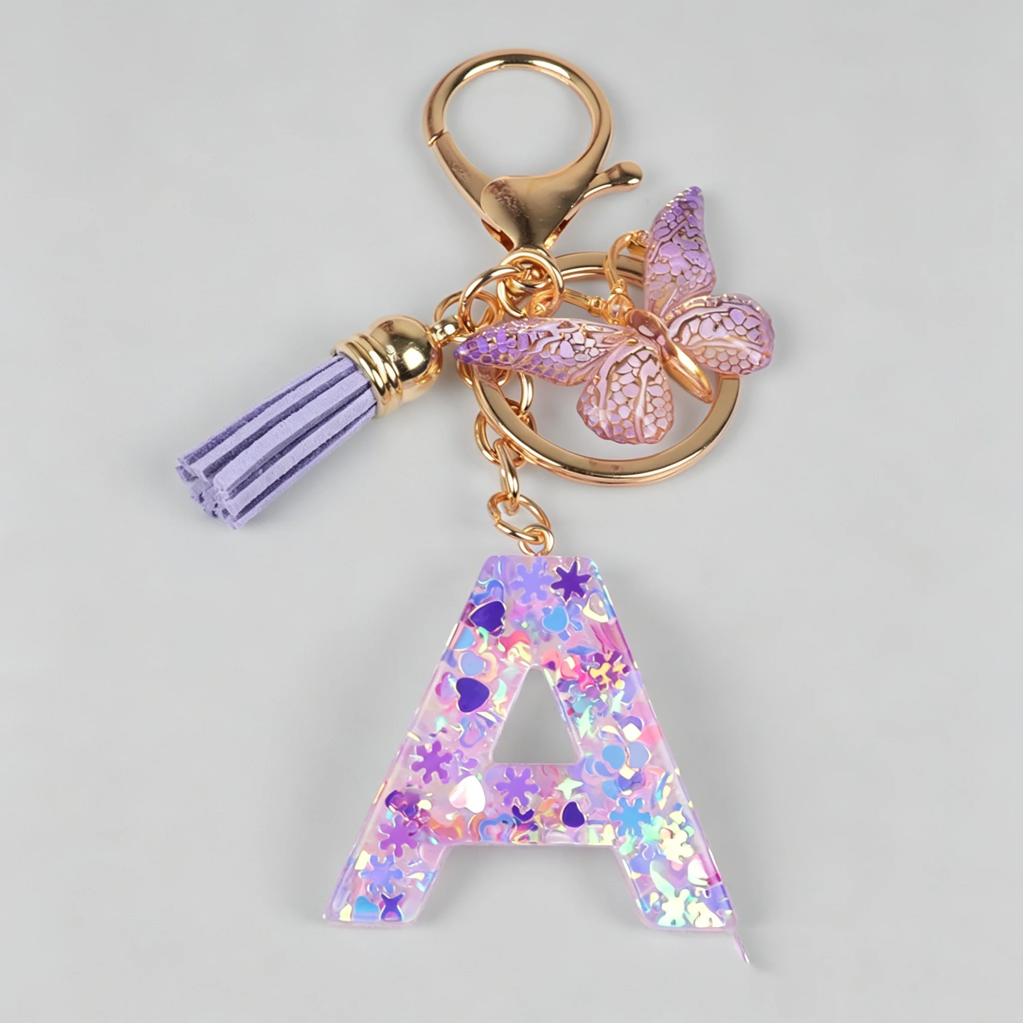 Dream Purple Resin Sequin English Letter Key Chain Fashion Student Handbag Pendant Jewelry