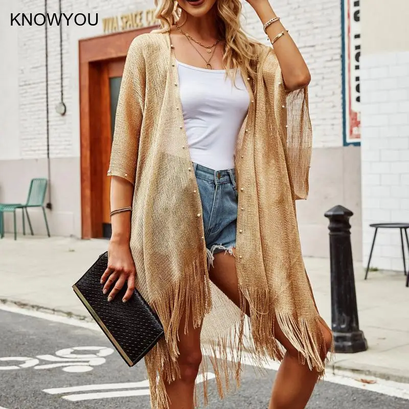 2025 สวมใส่ดูผ่านชุดว่ายน้ํา COVER-UPS บิกินี่ Beach COVER UP เซ็กซี่ตาข่าย SHEER SHINY ถักเสื้อชายหาดสําหรับสตรี