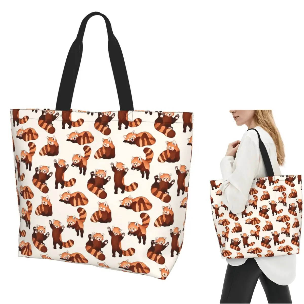 Red Panda Pattern Shopping Tote Bag Canvas Large Capacity Shoulder Bags Shopper Grocery Handbag for Women