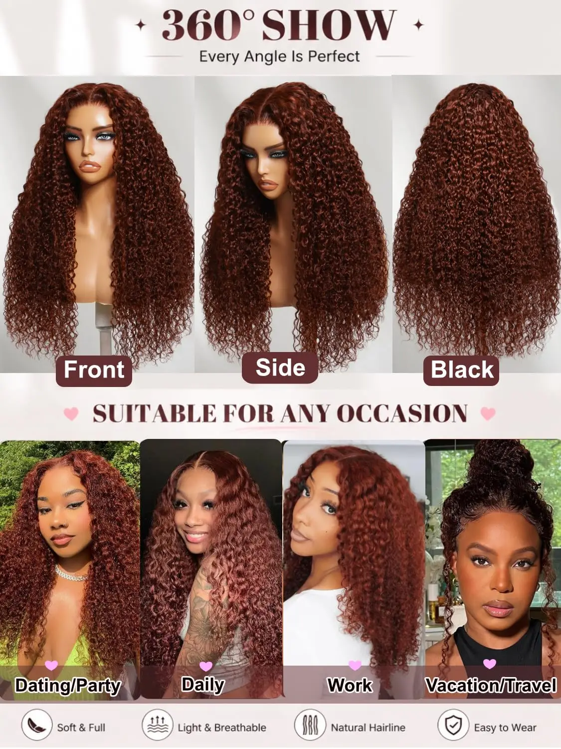 UNICE Reddish Brown Curly Human Hair Drawstring Wig Bye Bye Knots 7X5 Lace Front Glueless Wigs Human Hair Pre Plucked Pre Cut Natural Hairline