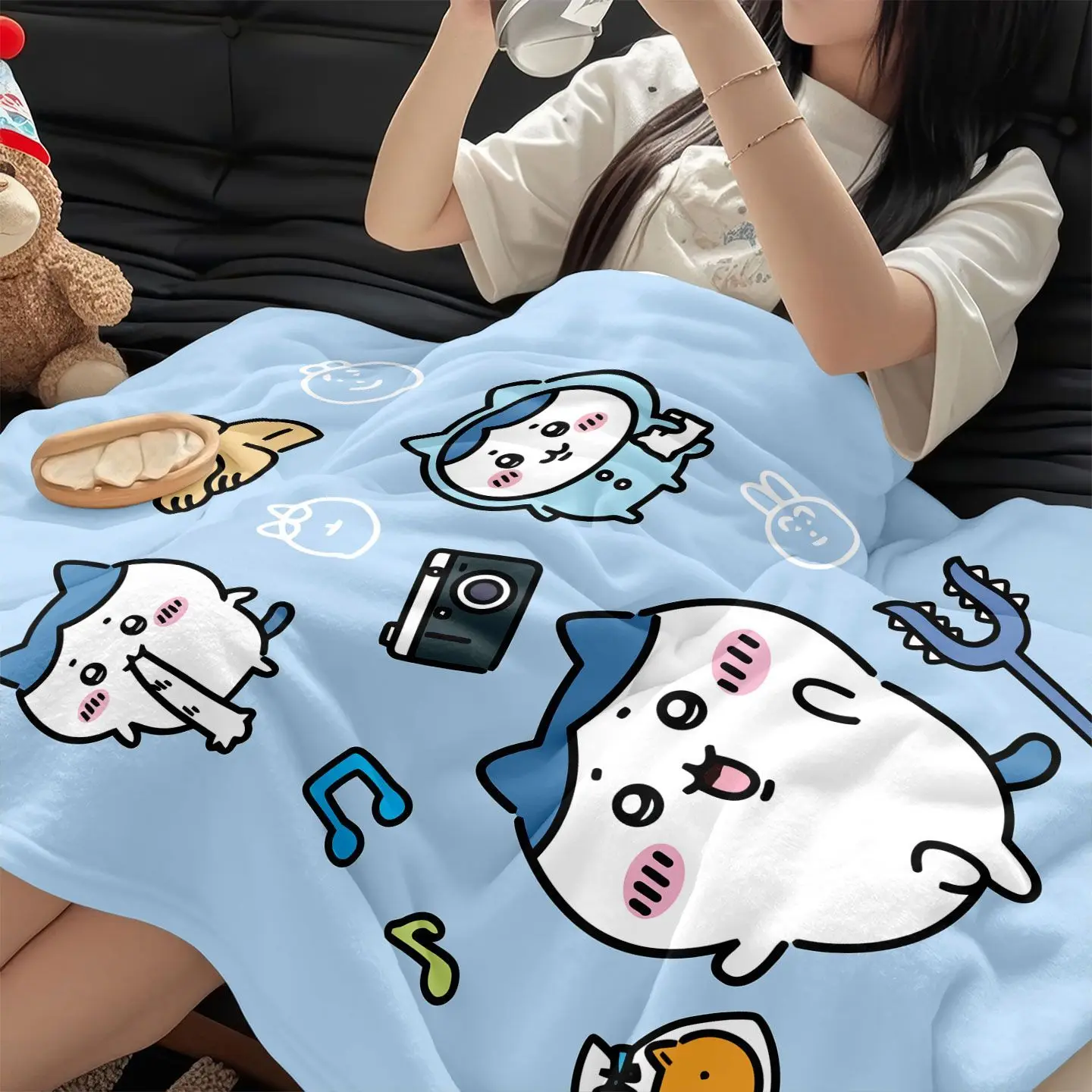 Kawaii Chiikawa Usagi Cartoon Flannel Throw Blanket Soft Air Conditioning Blanket Portable Nap Blanket Anime Quilt Holiday Gift