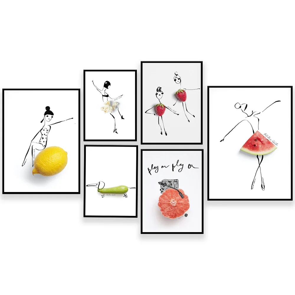 Grapefruit, watermelon, lemon, popcorn, toast, green beans, strawberry, zucchini food doodles, whimsical food illustration poste
