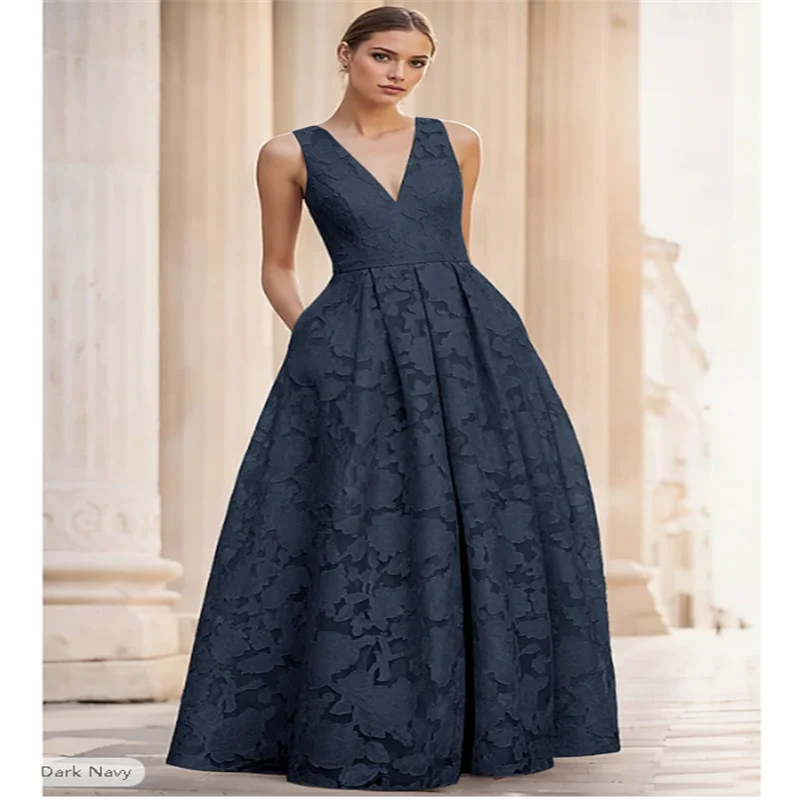 A linha até o chão vestido de noite vestido de baile vestido formal elegante alta divisão sem mangas decote em v casamento formal bolso jacquard