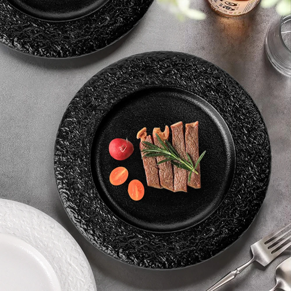 Ins European Style Relief Ceramic Plate Black White Rough Texture Ceramic Steak Plates Restaurant Kitchen Dining Daily Tableware