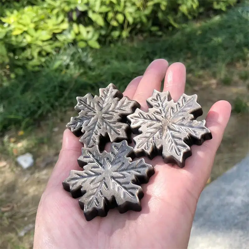 5.6CM Natural Silver Obsidian Snowflake Carving Figurine Ornament Feng Shui Home Decor Stone Holiday Gift 1pcs