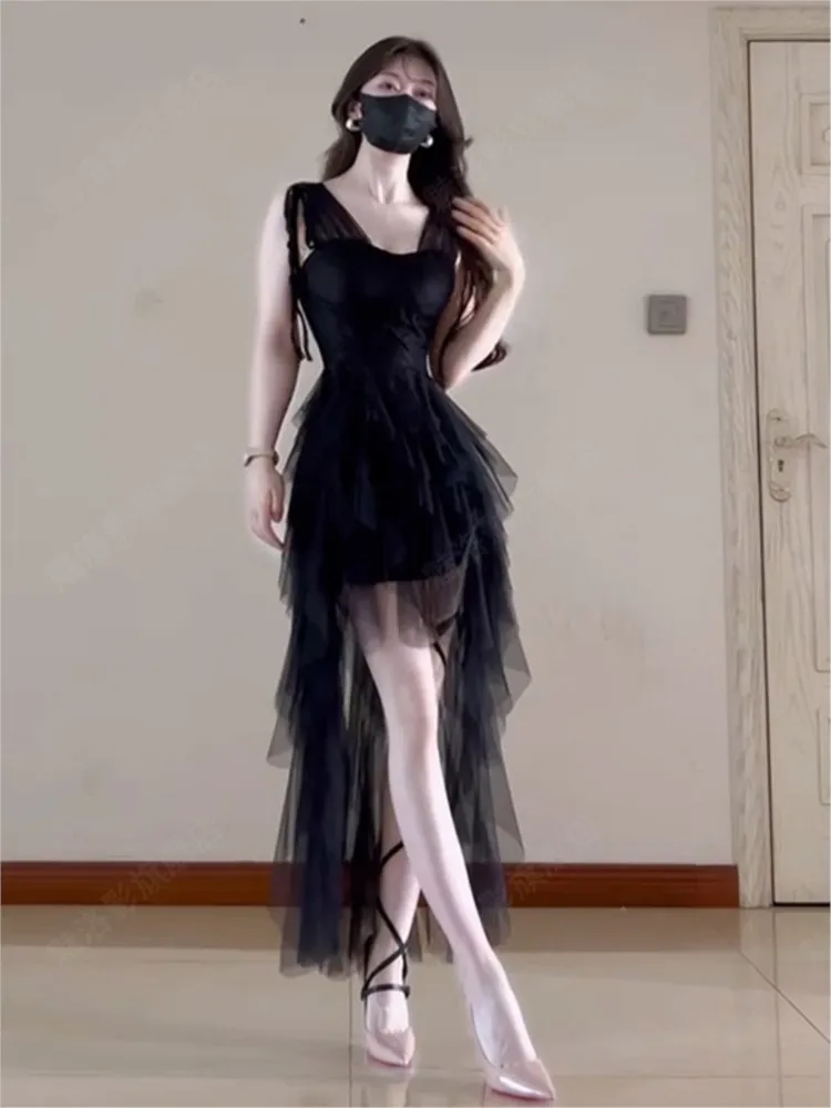 A light luxury style pure desire heavy industry birthday gift net gauze halter irregular dress