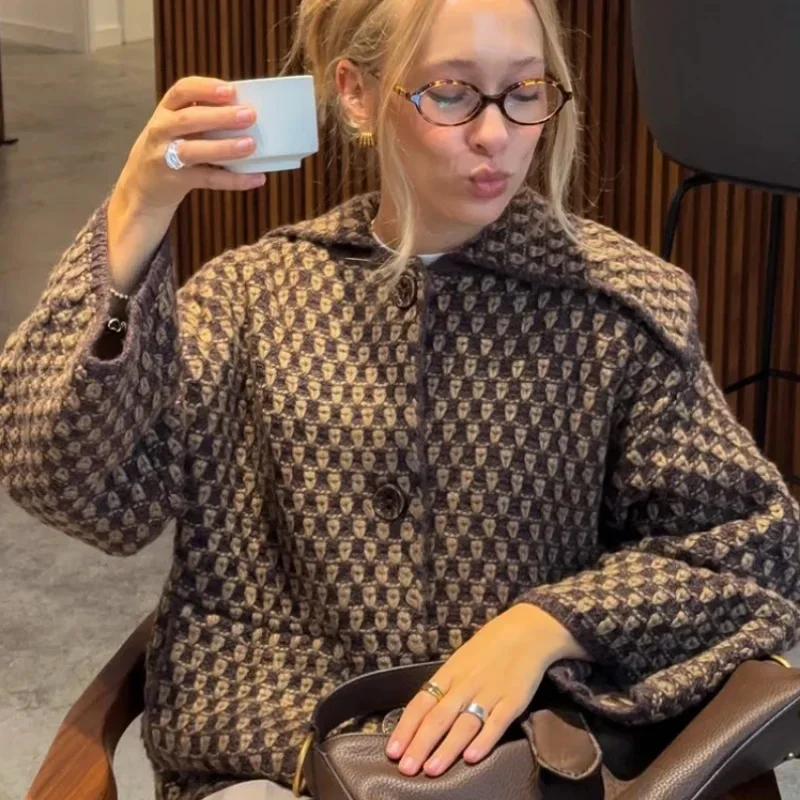 الرجعية المطبوعة سترة مشغولة من الصوف الإناث الشارع الشهير موضة التلبيب كم طويل سترة معطف الخريف جديد بلوزة فضفاضة غير رسمية